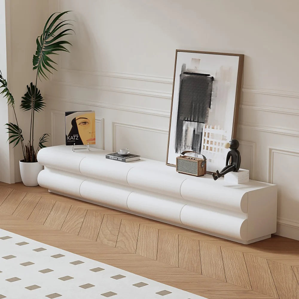Meuble TV Humply en cuir blanc chaud moderne de 2000 mm avec console multimédia à 8 tiroirs