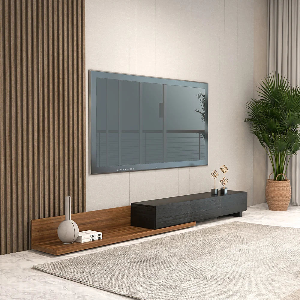 Meuble TV Crator noyer et noir de 210 cm à 280 cm en bois de frêne, extensible, avec 3 tiroirs