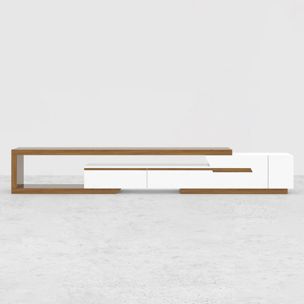 Meuble TV extensible moderne blanc et noyer avec rangement, étagère et tiroir