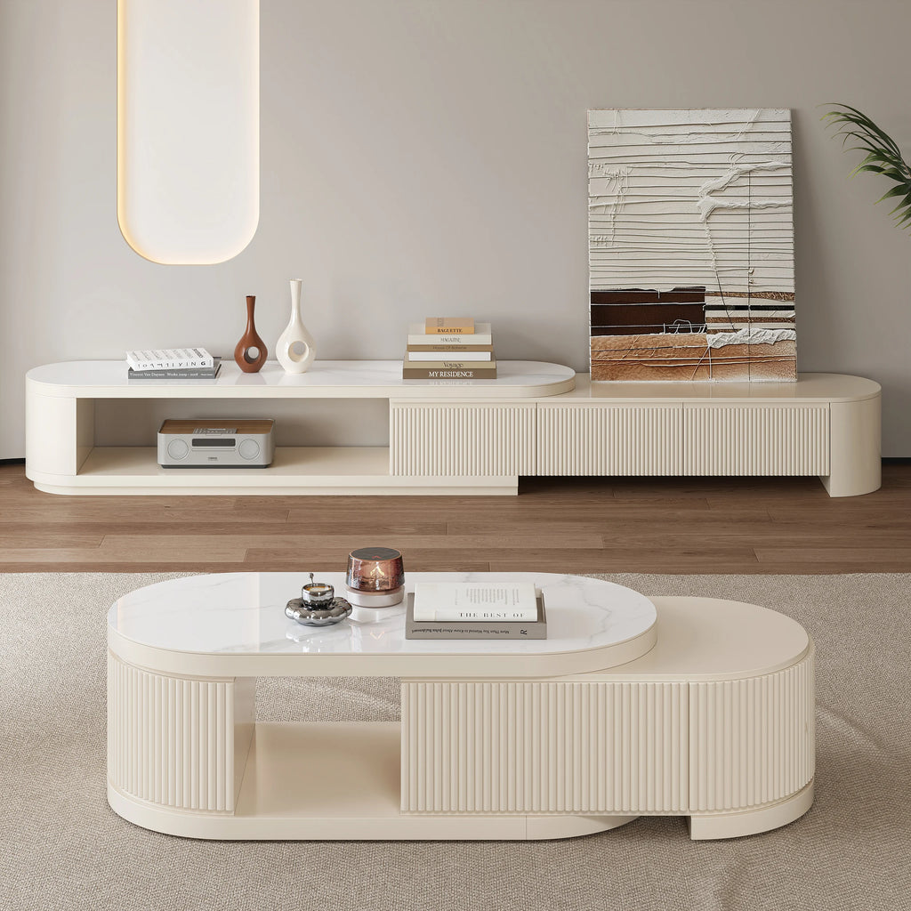 Meuble TV extensible Velar 180 à 290 cm à cannelures avec plateau pierre frittée et 3 tiroirs