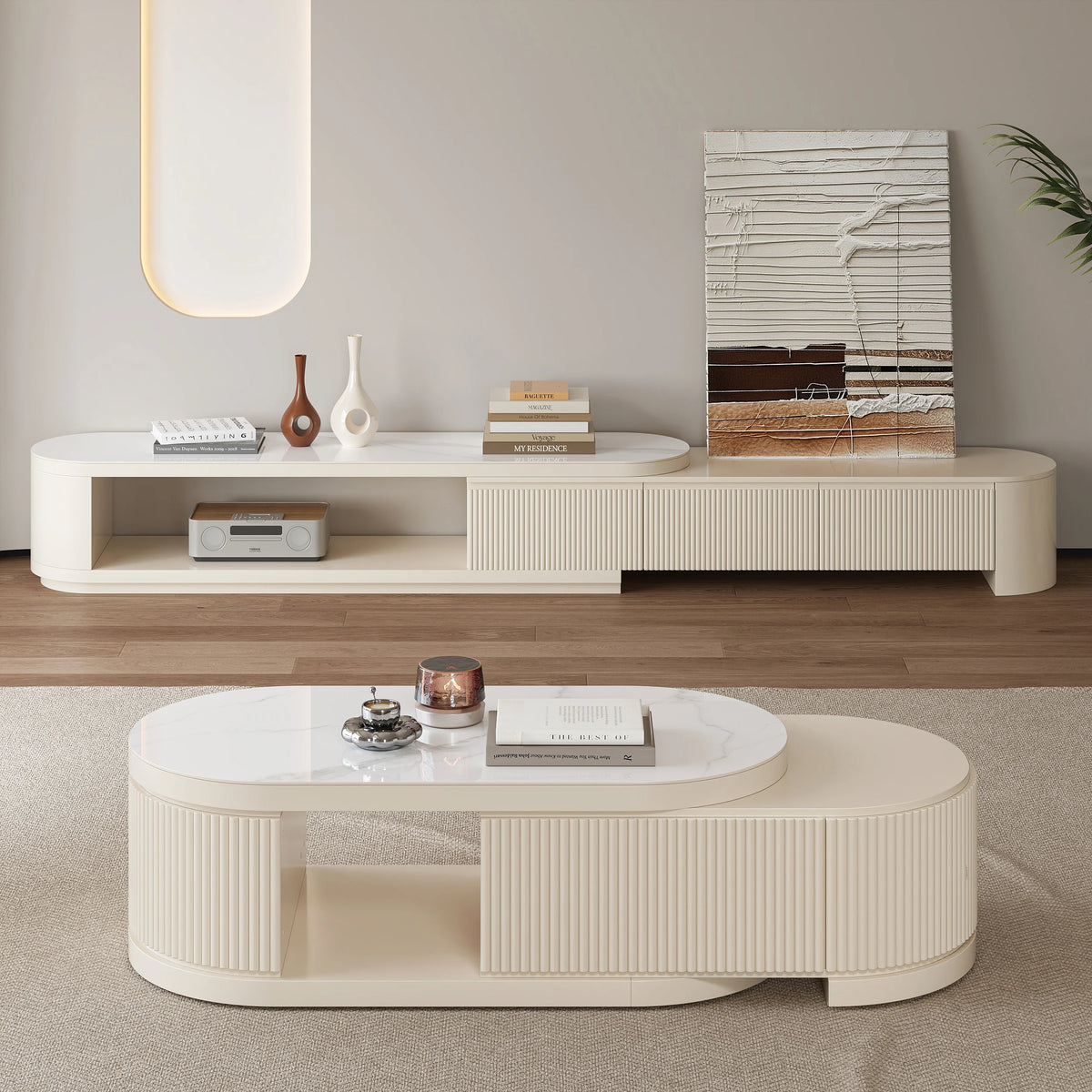 Meuble TV extensible Velar 180 à 290 cm à cannelures avec plateau pierre frittée et 3 tiroirs