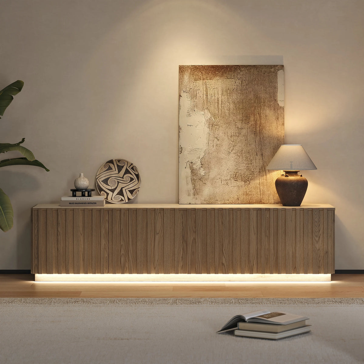 Meuble TV Aura 213 cm en bois de frêne naturelle avec plateau en pierre frittée