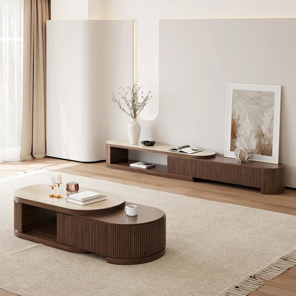 Meuble TV extensible Velar 180-290 cm à cannelures avec plateau pierre frittée et 3 tiroirs Noyer