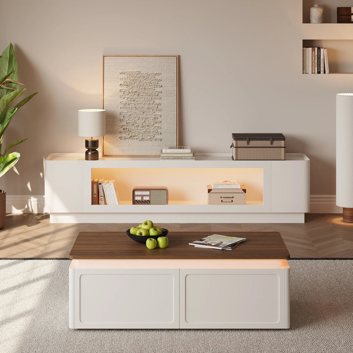 Meuble TV 201 cm avec portes en verre, blanc chaud, avec rangement et LED