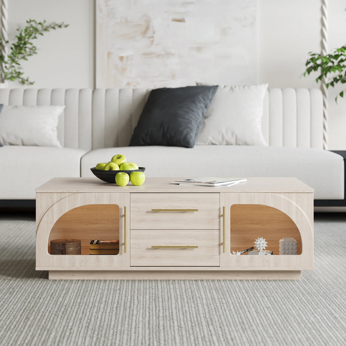 Ensemble meuble TV et table basse Arune avec portes cintrées en verre rangement et éclairage LED Blanc
