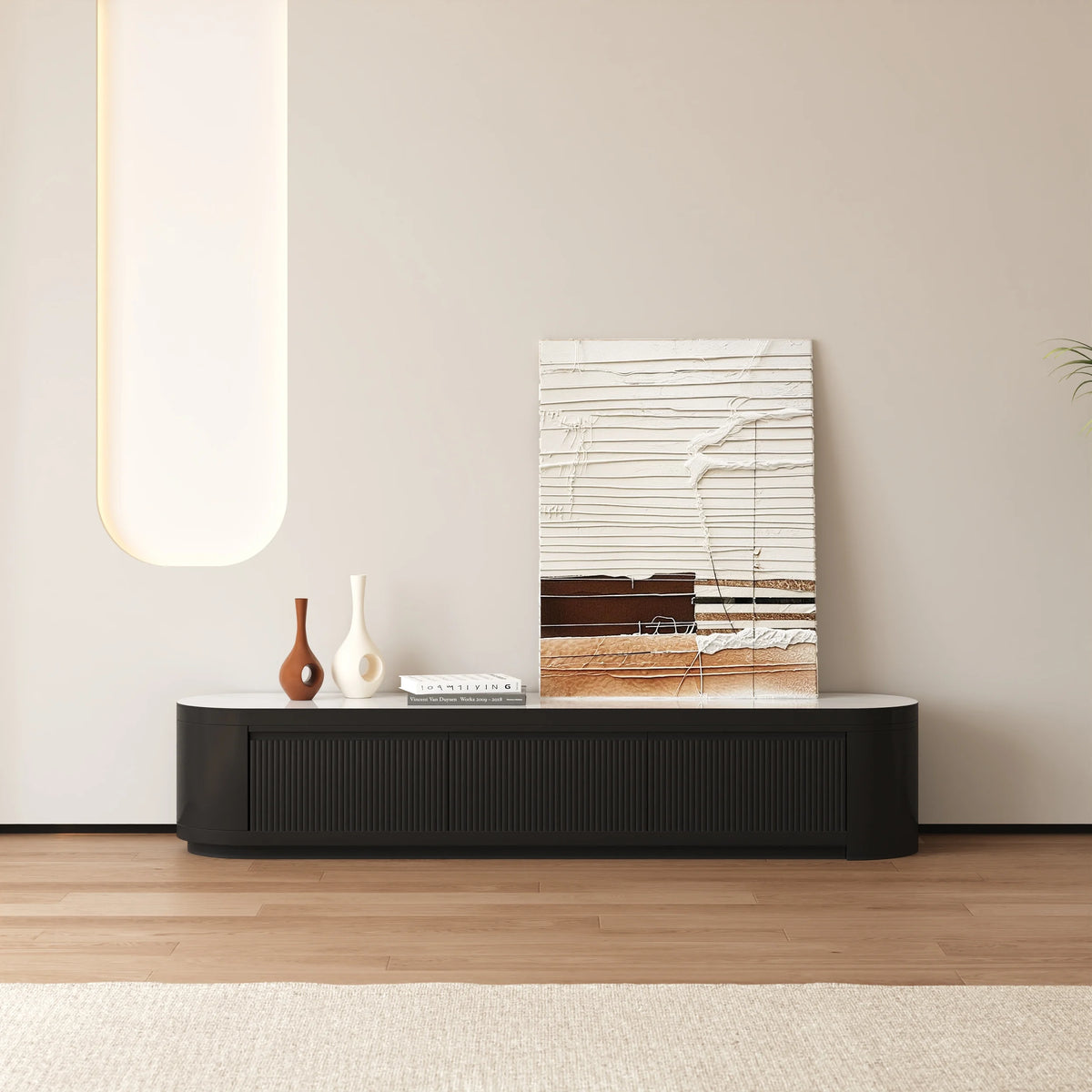 Meuble TV extensible Velar 180-290 cm à cannelures avec plateau pierre frittée et 3 tiroirs Noir mat