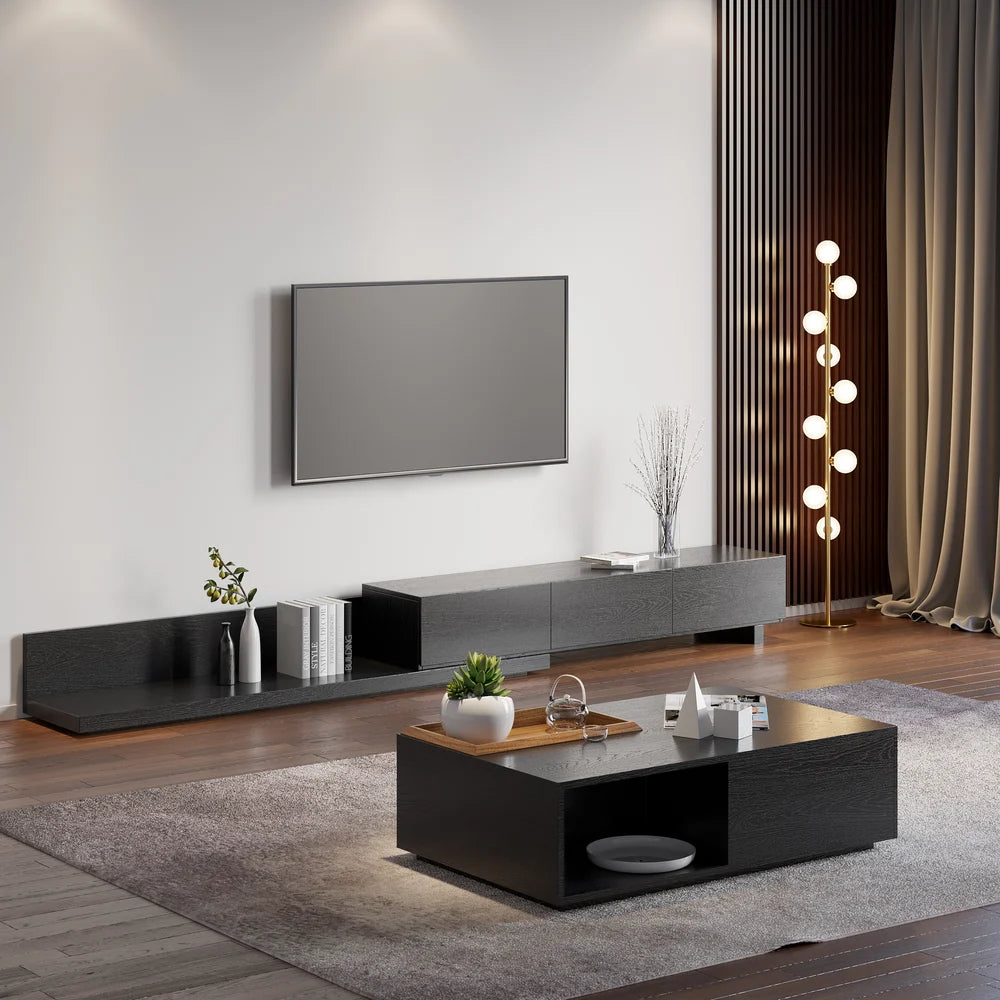 Meuble TV Crator noir 210 à 280 cm en bois de frêne, extensible, avec 3 tiroirs