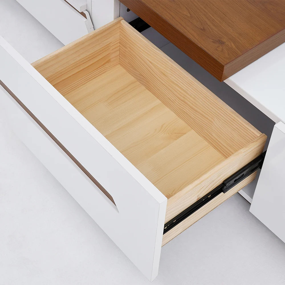 Meuble TV extensible moderne blanc et noyer avec rangement, étagère et tiroir