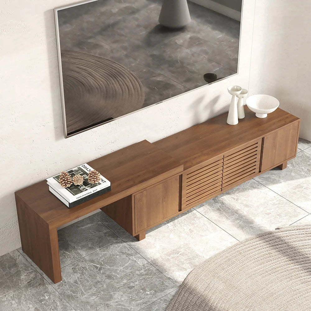 Meuble TV extensible en noyer inspiré du gril avec rangement (1600 mm à 2100 mm)
