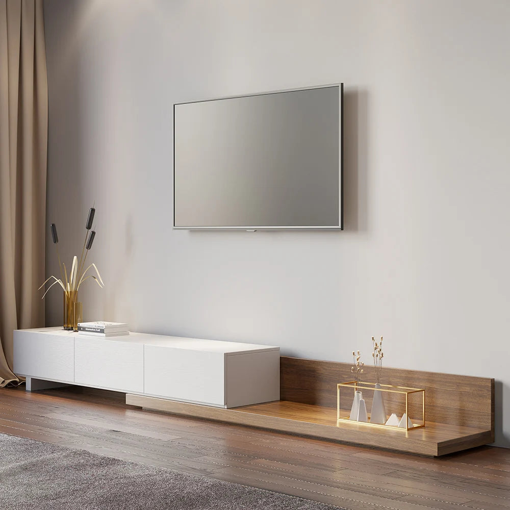 Meuble TV extensible au sol en noyer avec 3 tiroirs