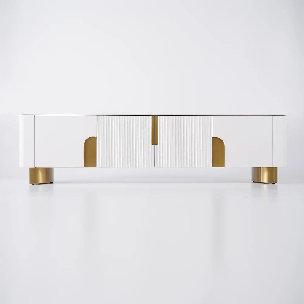 Meuble TV Artis 200 cm avec plateau en pierre, beige et or, 4 portes et rangement