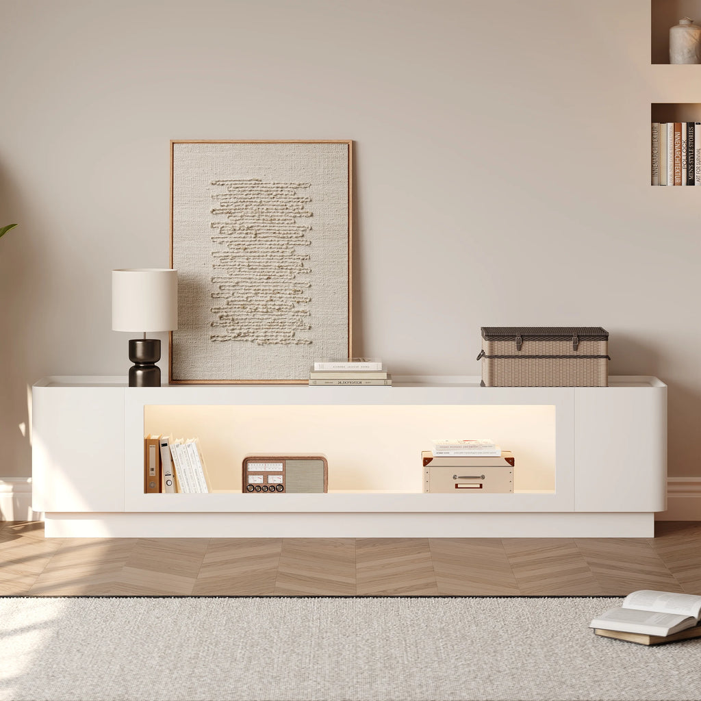 Meuble TV 201 cm avec portes en verre, blanc chaud, avec rangement et LED