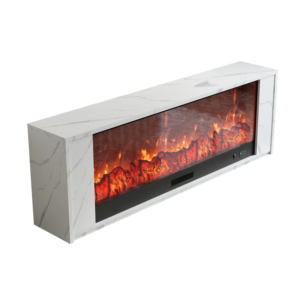 Meuble TV avec cheminée électrique 180 cm en placage marbre avec télécommande Blanc