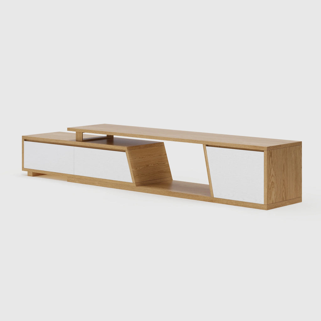 Meuble TV extensible Fero 180-280 cm avec 3 tiroirs Blanc & noyer