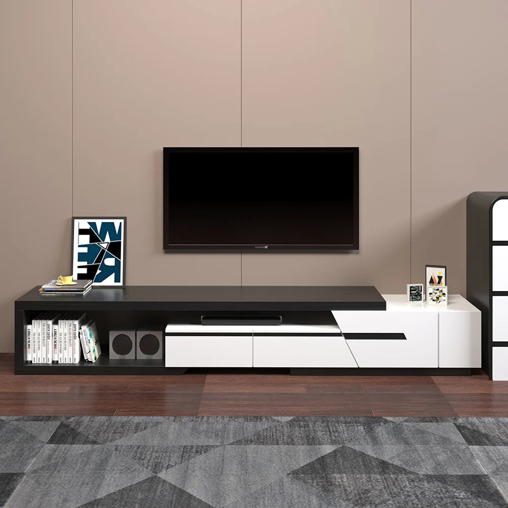 Pinkle Meuble TV Extensible Moderne avec Étagère et Tiroir Blanc et Noir