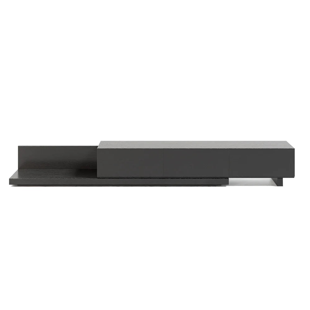 Meuble TV Crator noir 210 à 280 cm en bois de frêne, extensible, avec 3 tiroirs