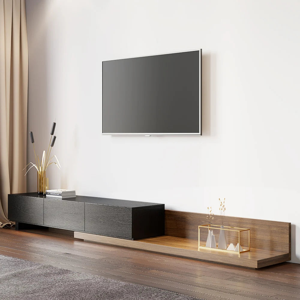 Meuble TV Crator noyer et noir de 210 cm à 280 cm en bois de frêne, extensible, avec 3 tiroirs