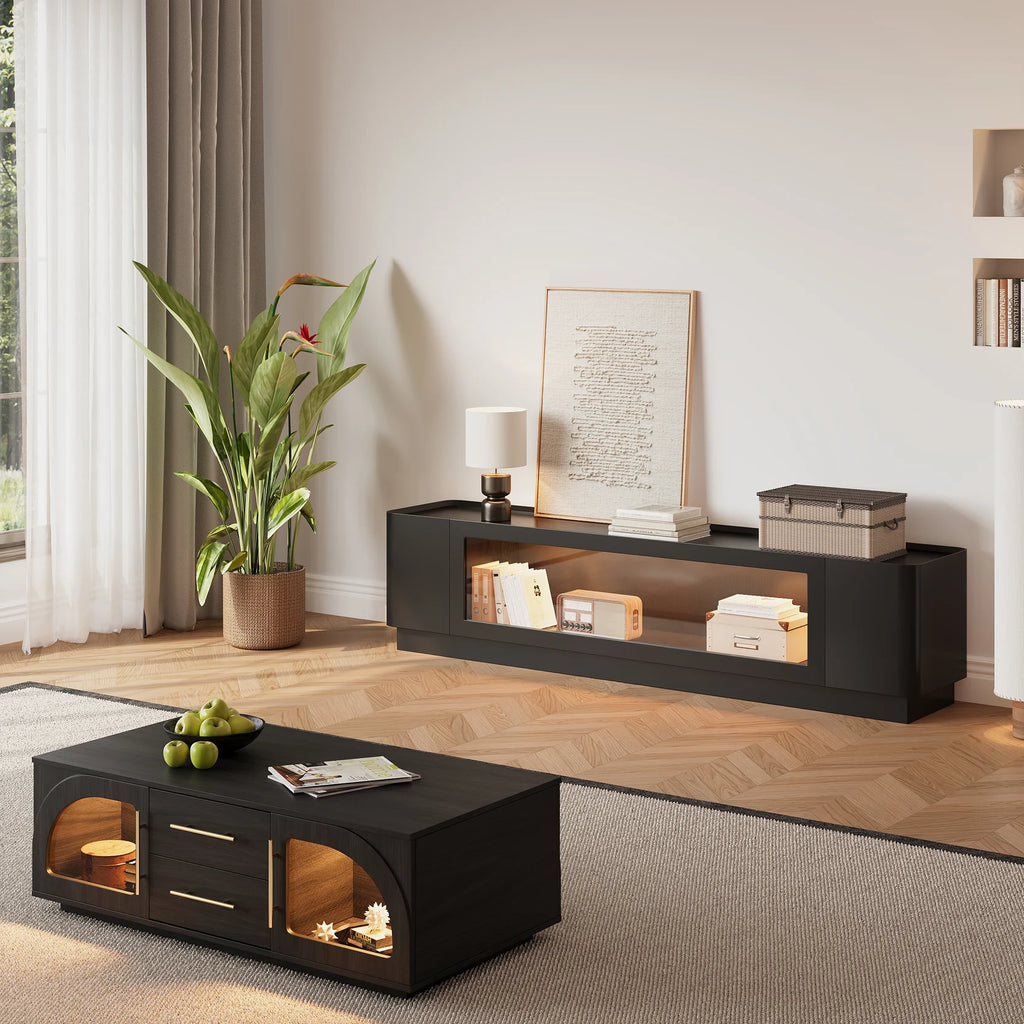 Meuble TV noir de 201 cm avec portes vitrées, rangements et LED