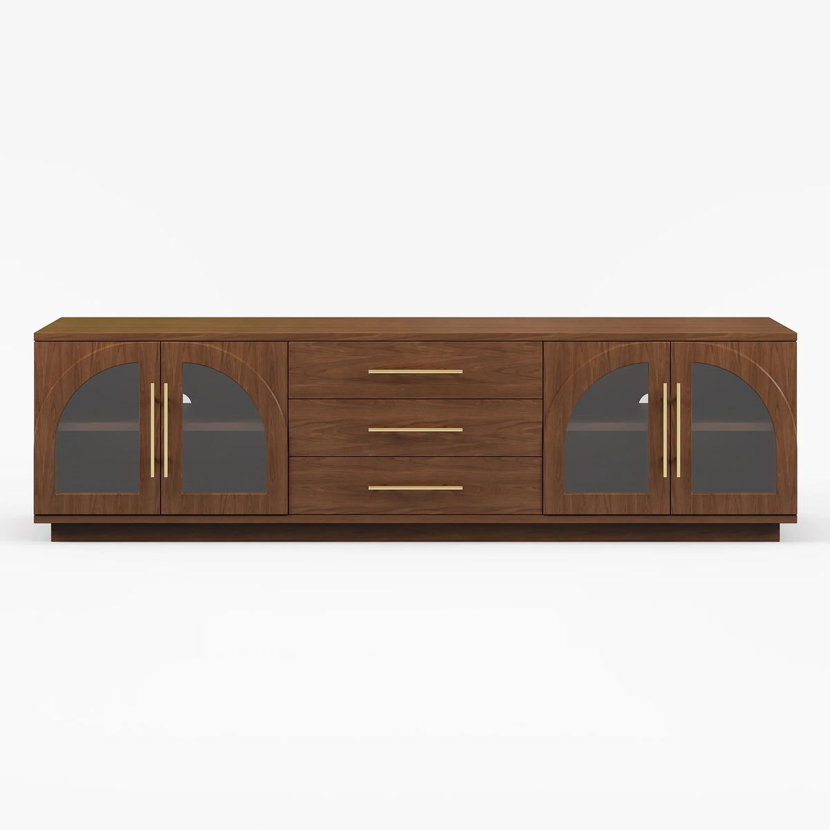 Meuble TV Arune 183 cm avec portes vitrées arquées, noyer, avec rangement et LED