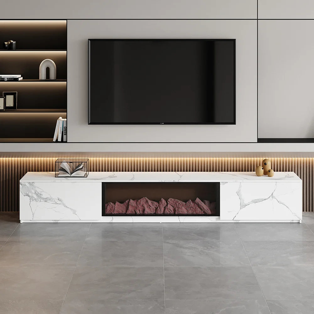Meuble TV 180 cm finition placage marbre avec effet flammes LED et 2 tiroirs Blanc