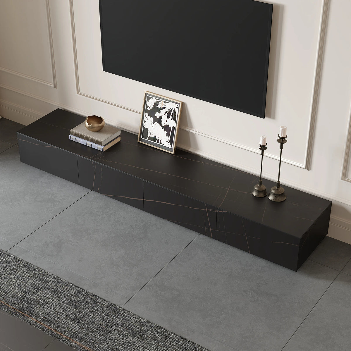 Meuble TV moderne en pierre frittée 200 cm avec 4 tiroirs Noir mat