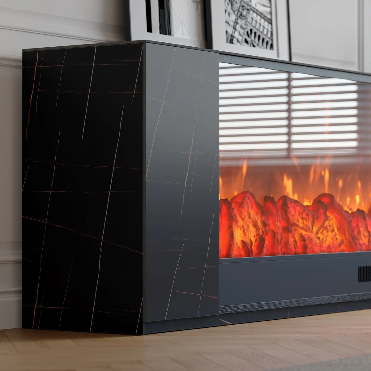 Meuble TV de cheminée électrique en pierre frittée de 1800 mm avec télécommande