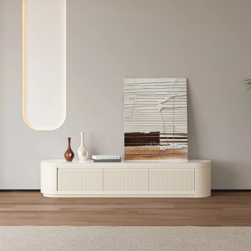 Meuble TV extensible Velar 180 à 290 cm à cannelures avec plateau pierre frittée et 3 tiroirs