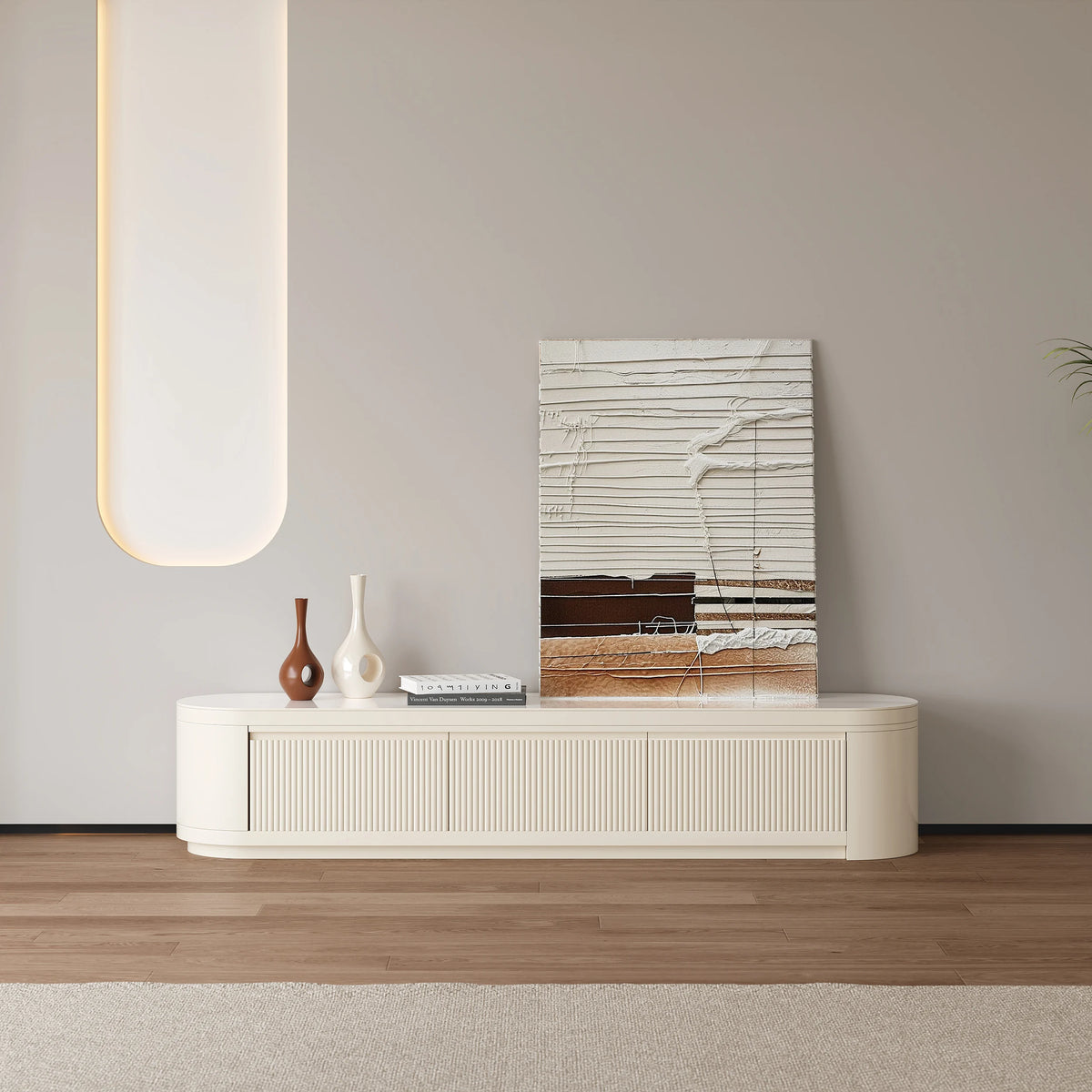 Meuble TV extensible Velar 180 à 290 cm à cannelures avec plateau pierre frittée et 3 tiroirs