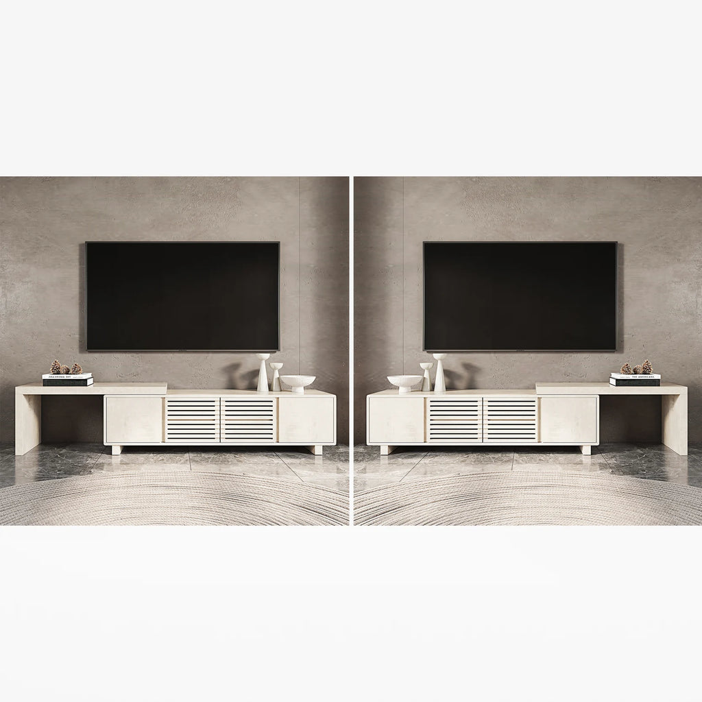 Meuble TV extensible inspiré du gril avec rangement (1600 mm à 2100 mm)