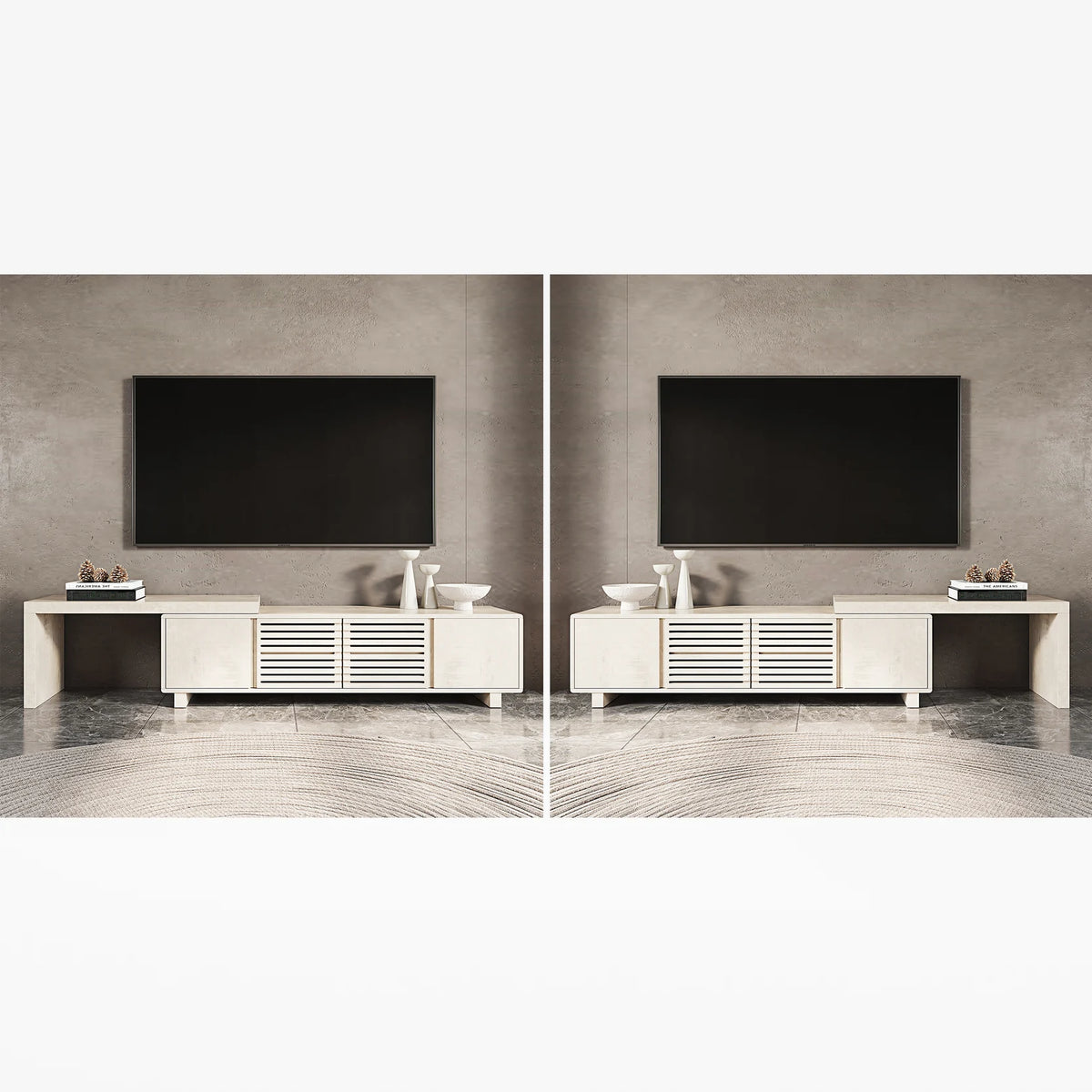 Meuble TV extensible inspiré du gril avec rangement (1600 mm à 2100 mm)