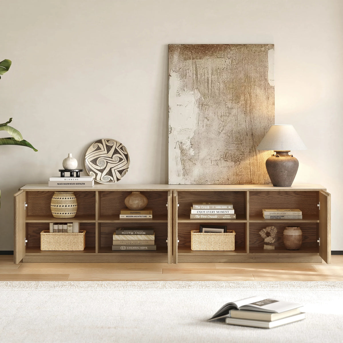 Meuble TV Aura 213 cm en bois de frêne naturelle avec plateau en pierre frittée