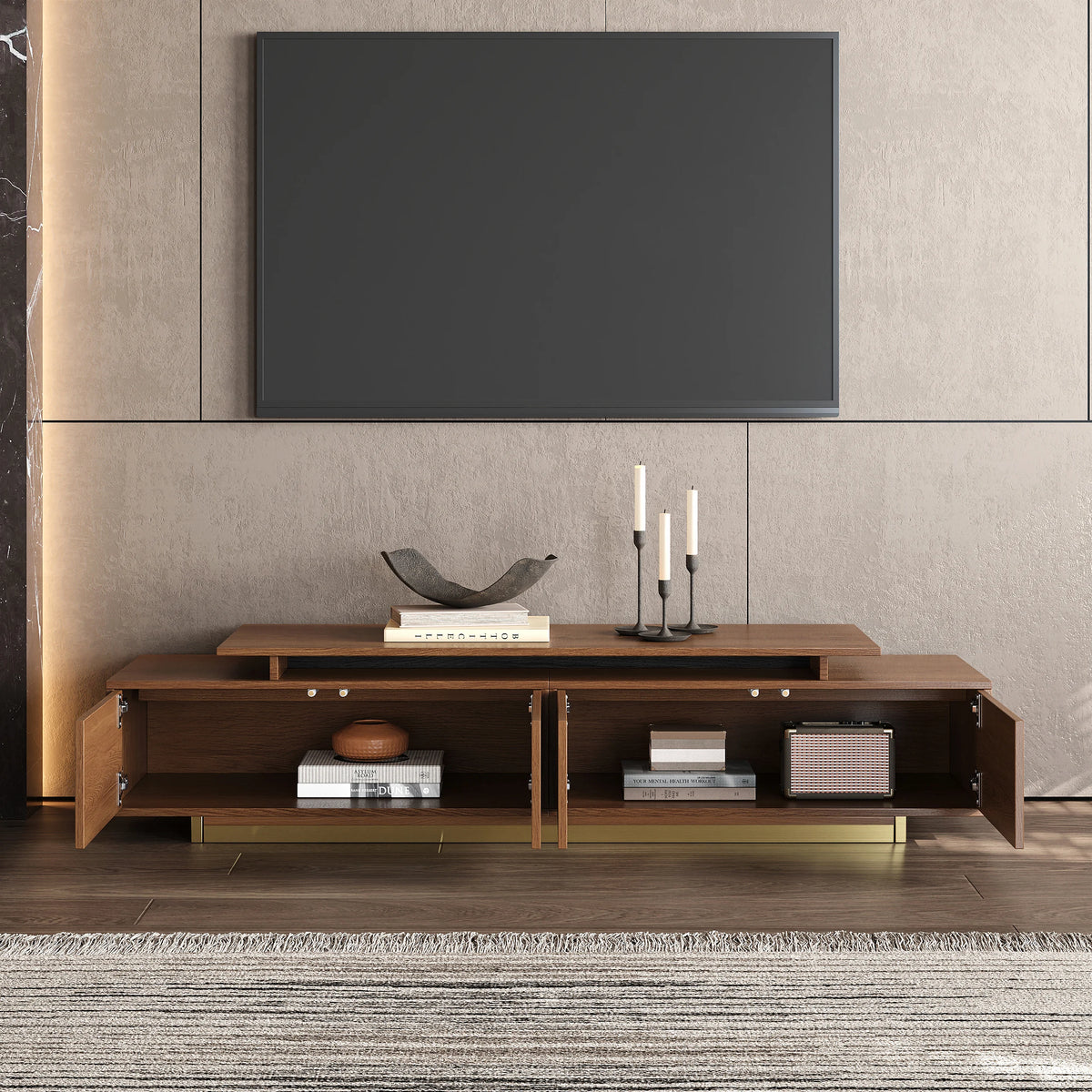 Ensemble meuble tv extensible et table basse Mordel en noyer brillant