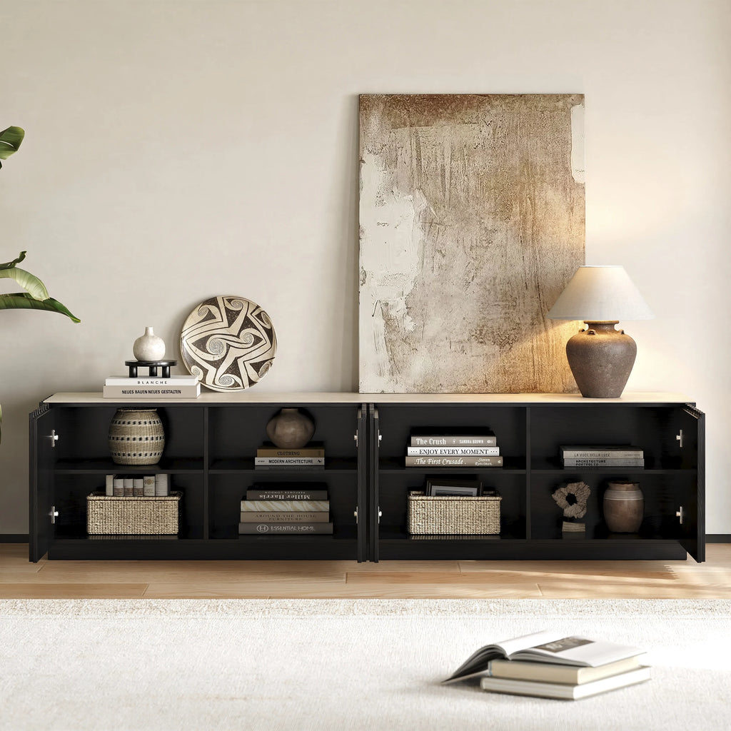 Meuble TV Aura 213 cm en bois de frêne noir avec plateau en pierre frittée