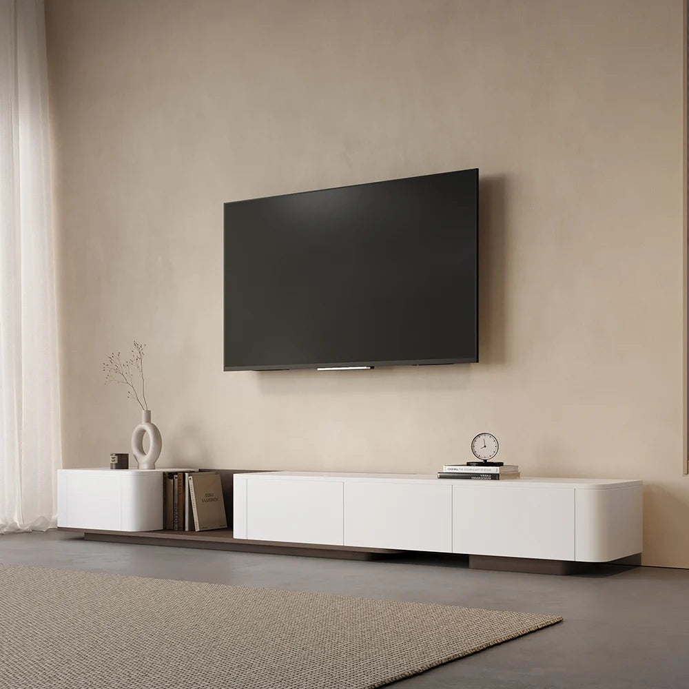 Meuble TV blanc cassé et noyer moderne 200 à 275 cm, extensible, avec 4 tiroirs