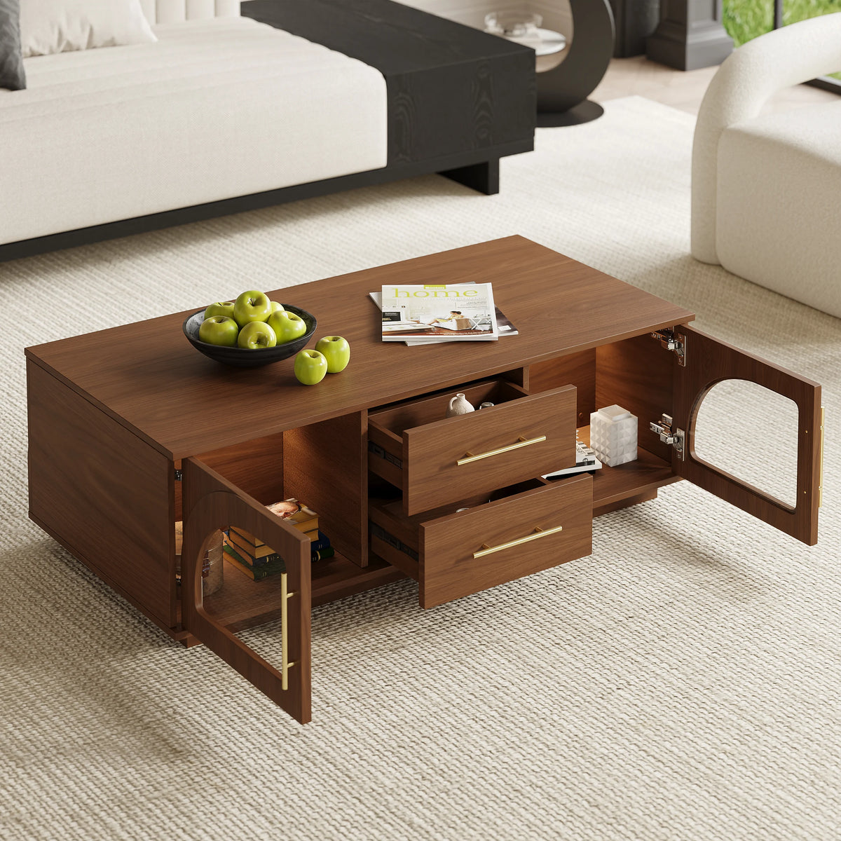 Ensemble meuble TV et table basse Arune avec portes cintrées en verre rangement et éclairage LED Noyer