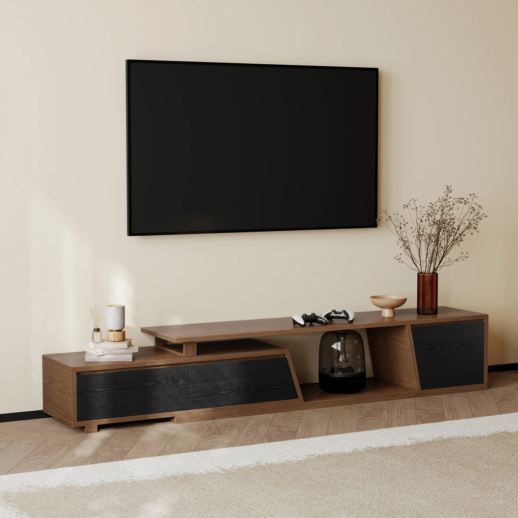 Meuble TV extensible Fero 180 à 280 cm avec 3 tiroirs Noir & noyer