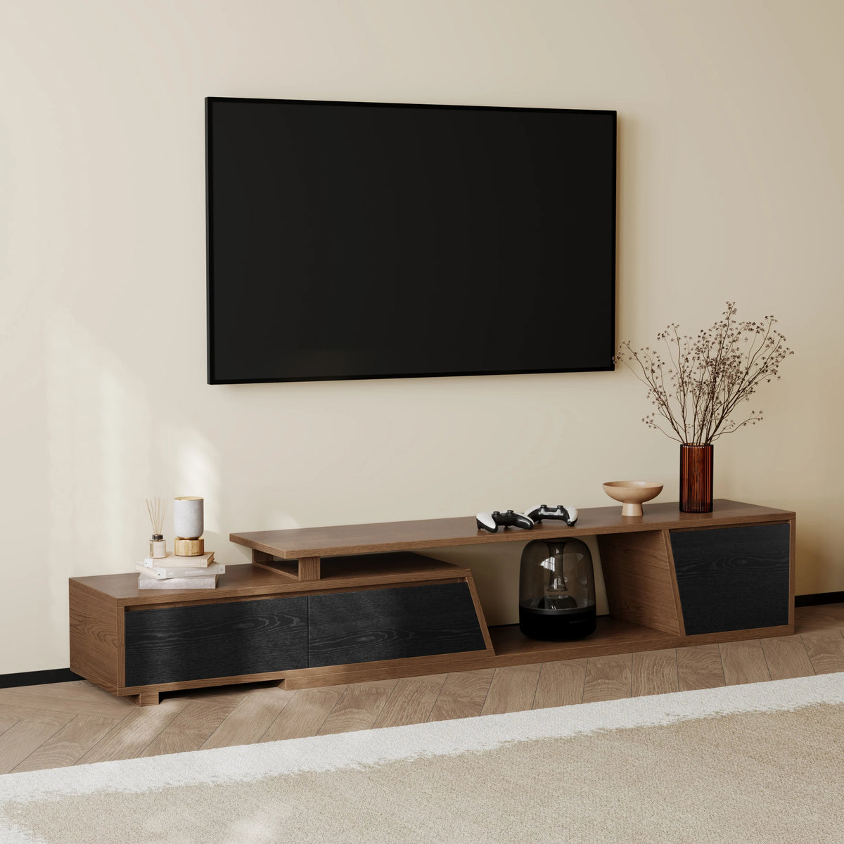 Meuble TV extensible Fero 180 à 280 cm avec 3 tiroirs Noir & noyer