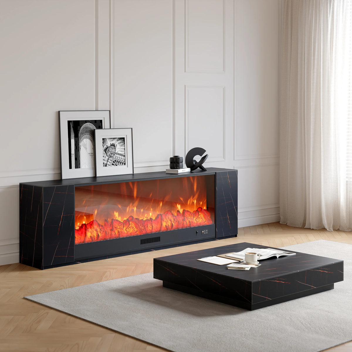 Meuble TV avec cheminée électrique 200 cm en pierre frittée avec télécommande Noir mat