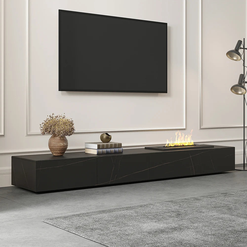 Meuble TV moderne 200 cm , effet flammes LED, humidificateur et 2 tiroirs Noir mat