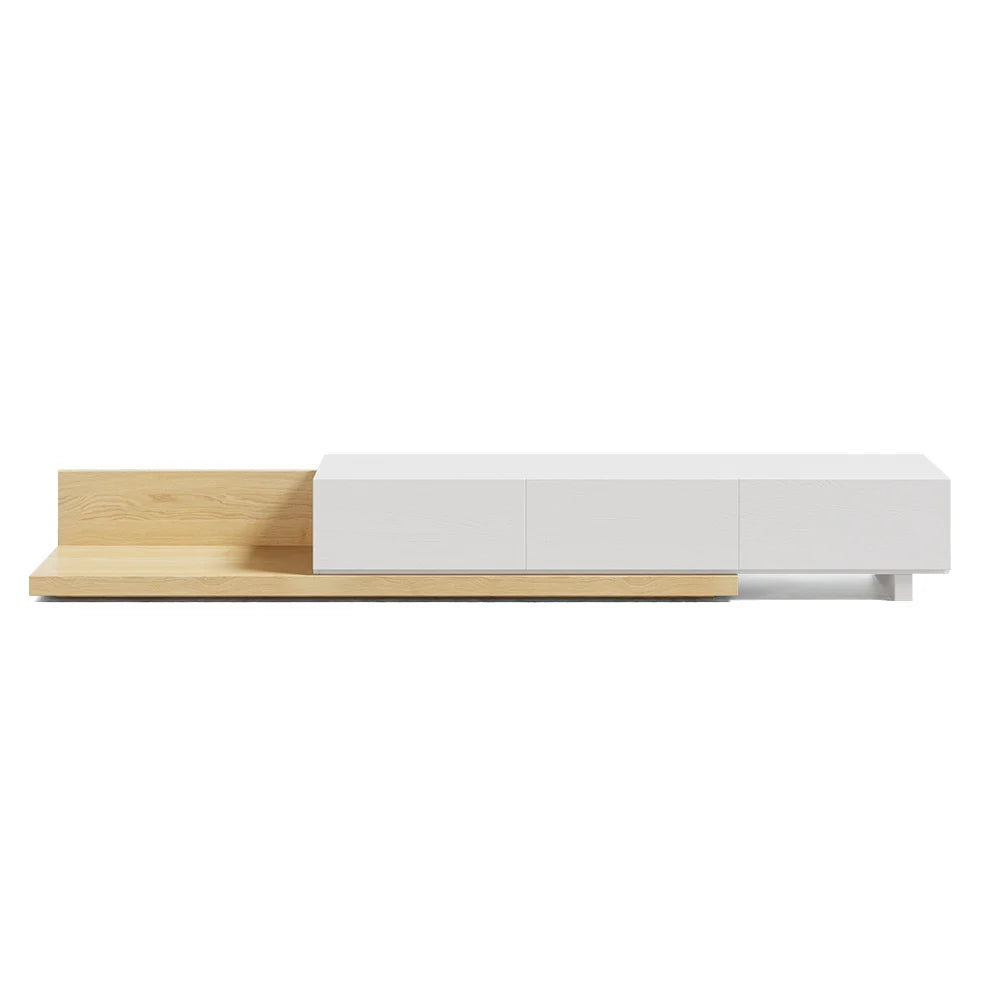 Meuble TV extensible au sol naturel avec 3 tiroirs