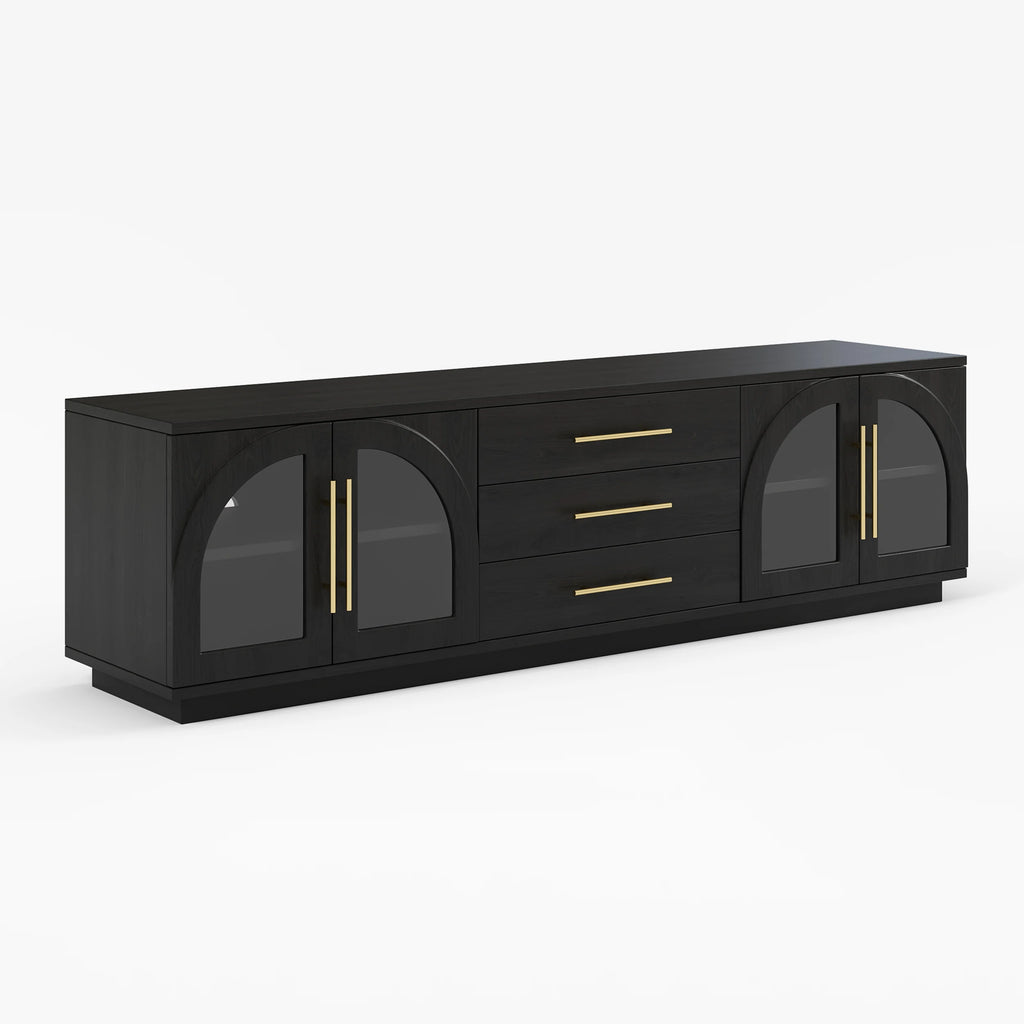 Ensemble meuble TV et table basse Arune avec portes cintrées en verre rangement et éclairage LED Noir