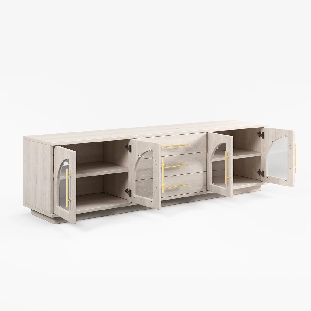 Meuble TV Arune 183 cm avec portes vitrées arquées, blanc chaulé, avec LED