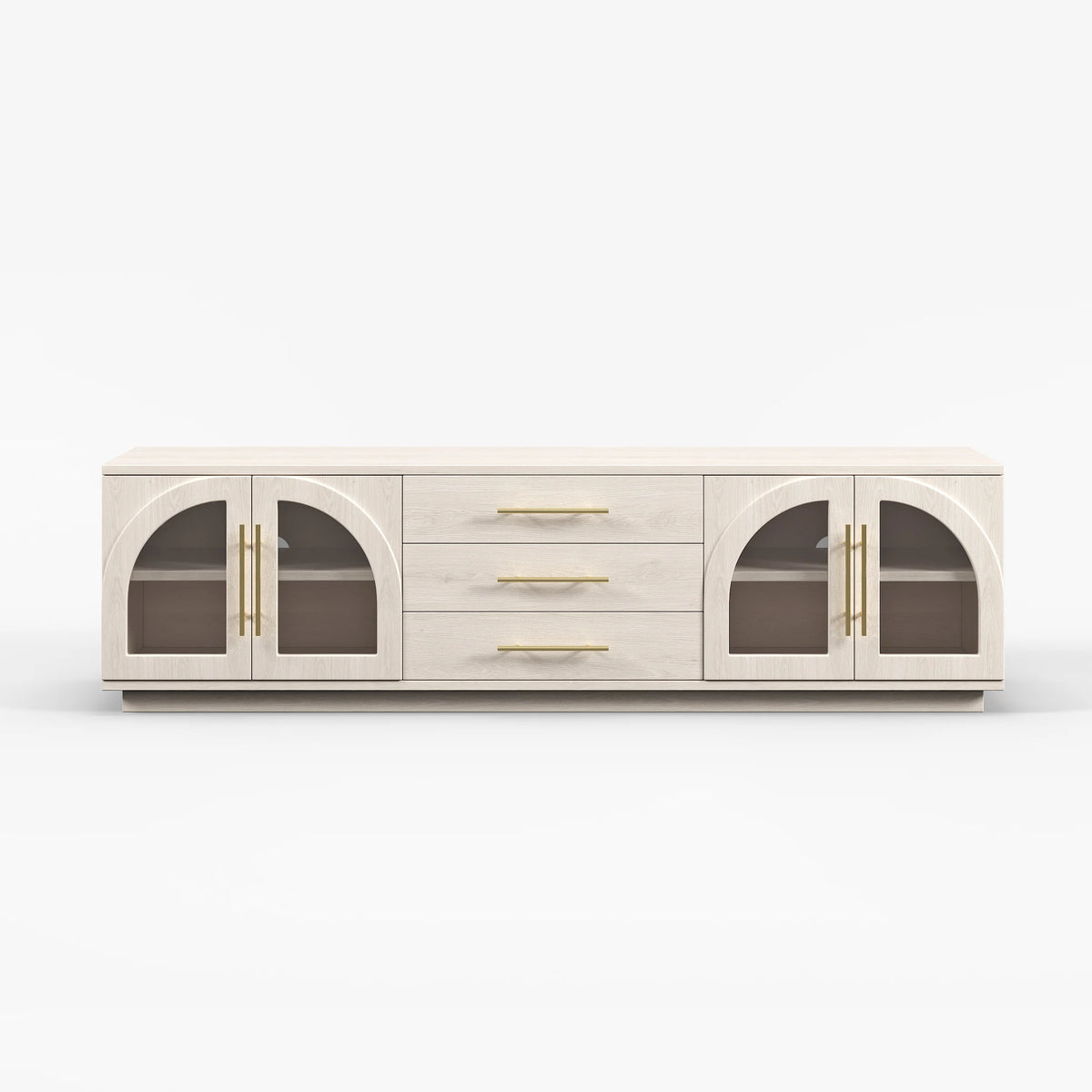 Ensemble meuble TV et table basse Arune avec portes cintrées en verre rangement et éclairage LED Blanc