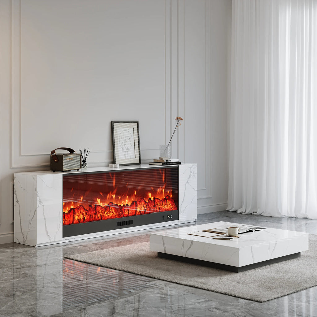 Meuble TV avec cheminée électrique 200 cm en pierre frittée avec télécommande Blanc