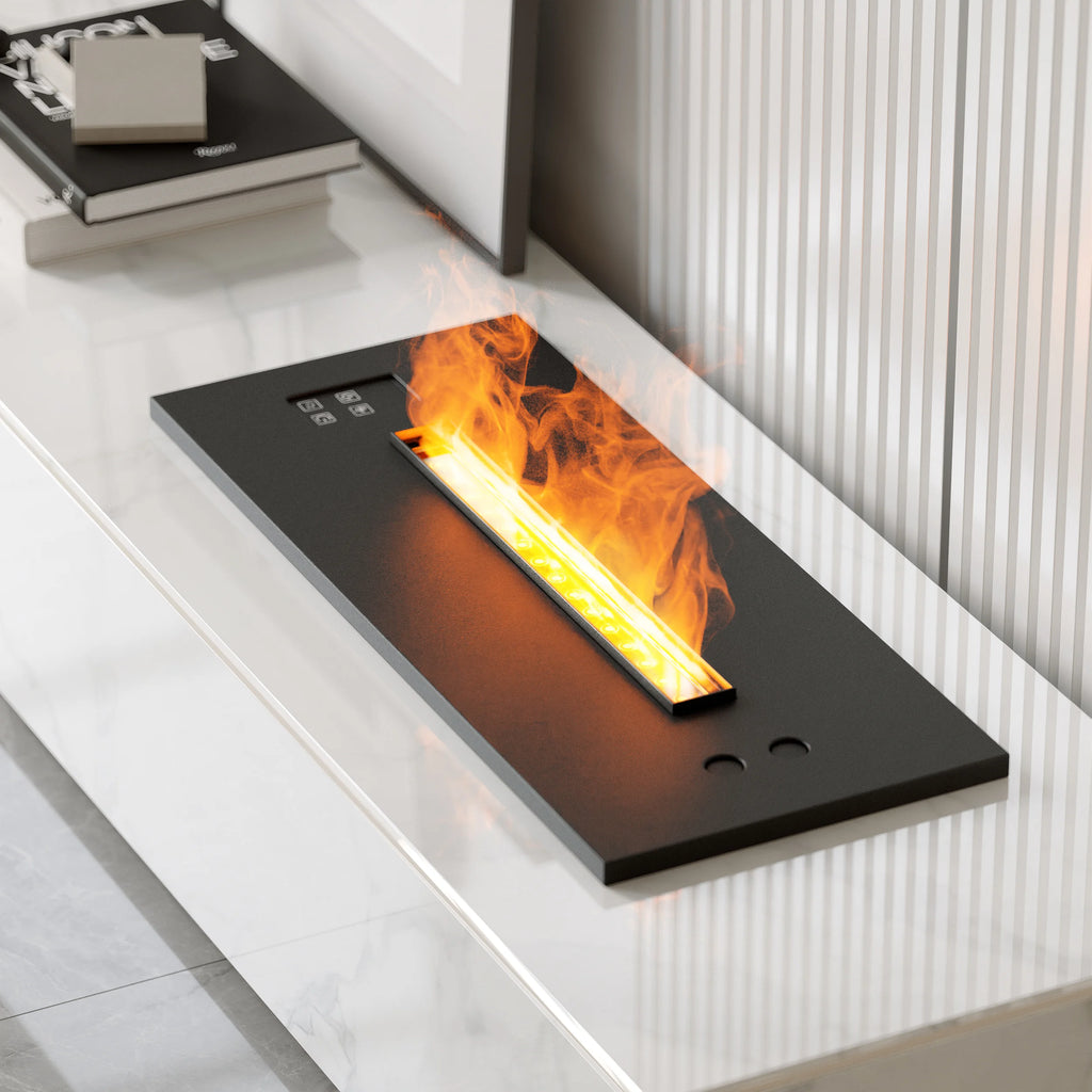 Meuble TV moderne 200 cm, effet flammes LED, humidificateur et 2 tiroirs Blanc brillant