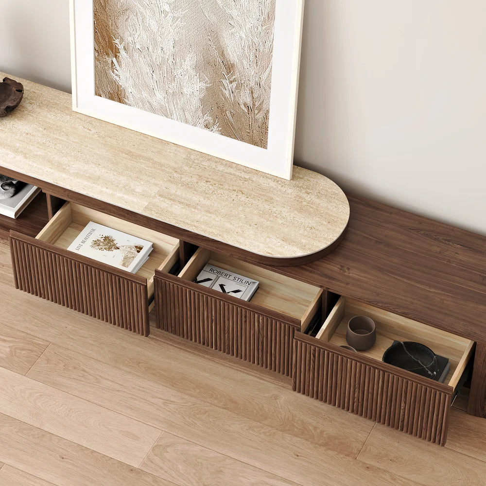 Meuble TV extensible Velar 180-290 cm à cannelures avec plateau pierre frittée et 3 tiroirs Noyer