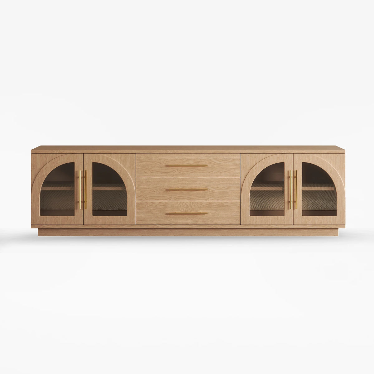 Meuble TV Arune 183 cm avec portes vitrées arquées, naturel, avec rangement et LED