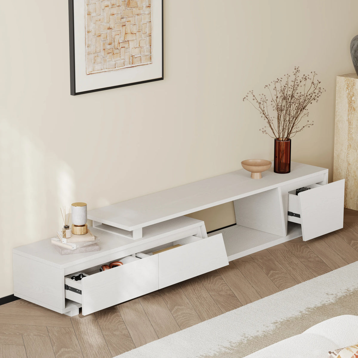 Meuble TV extensible Fero 180 à 280 cm avec 3 tiroirs Blanc