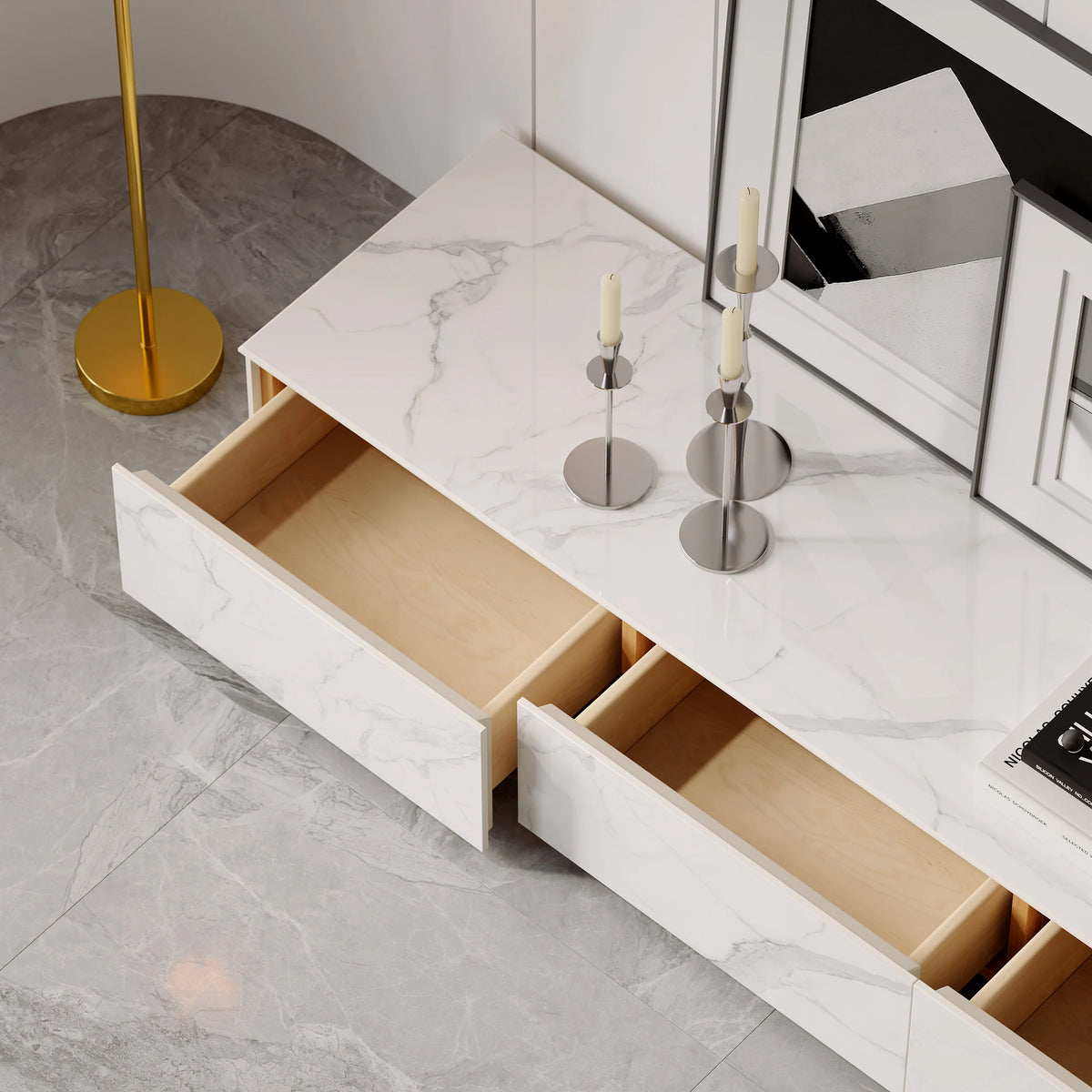 Meuble TV moderne en pierre frittée 200 cm avec 4 tiroirs Blanc brillant