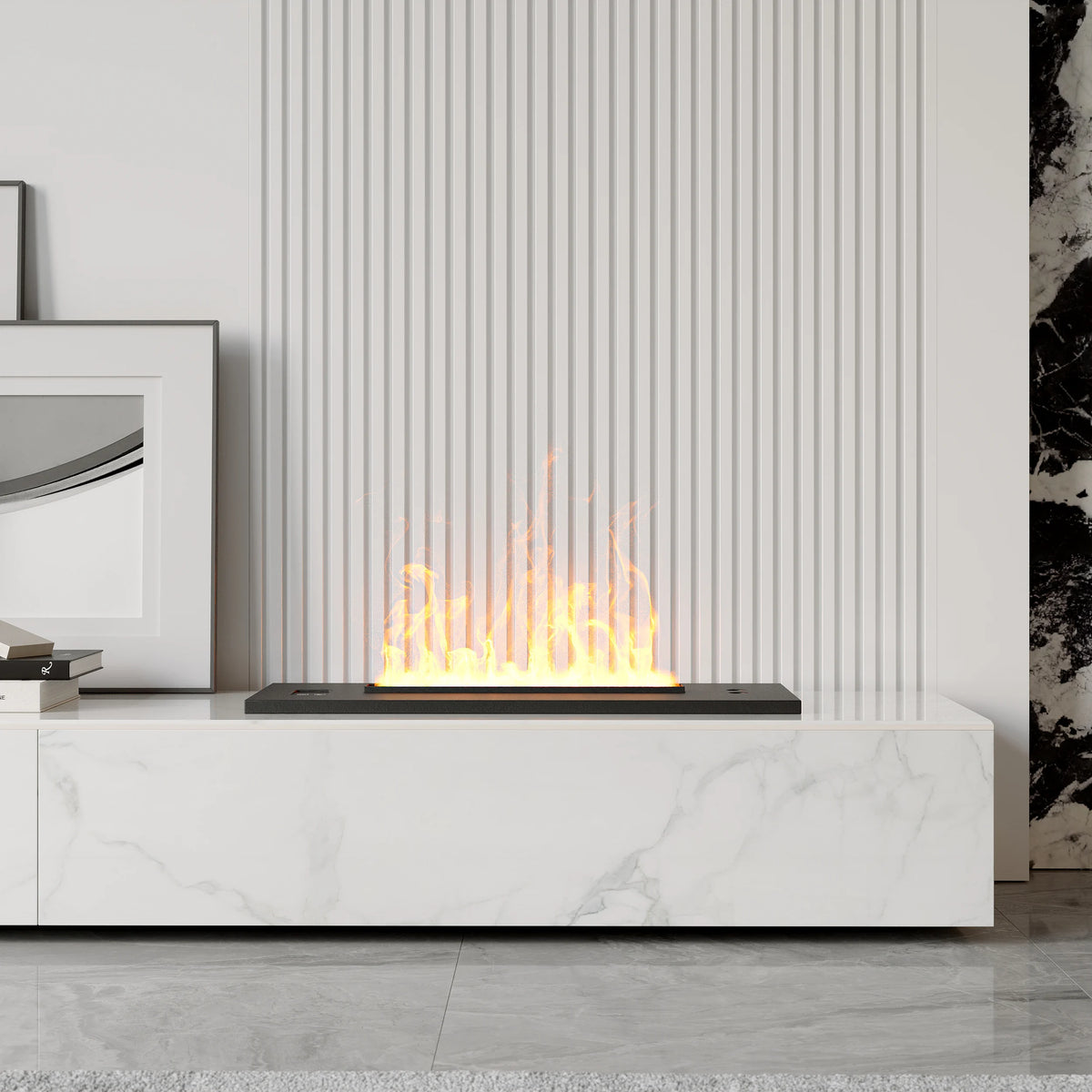 Meuble TV moderne 200 cm, effet flammes LED, humidificateur et 2 tiroirs Blanc brillant